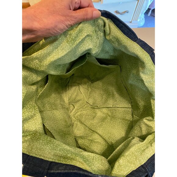 Denim Tote Bag Embroidered Gold Design Green Lining Large - Picture 3 of 7